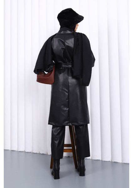 Siyah Kruvaze Yaka Kemerli Deri Trençkot indirimleri