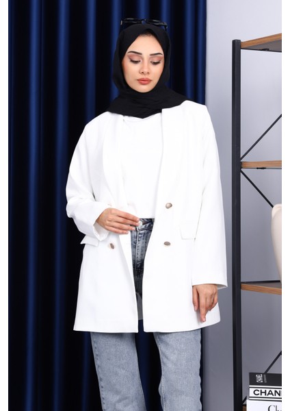 Ekru Düğmeli Kruvaze Yaka Krep Ceket