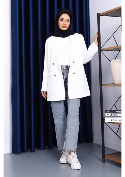 Ekru Düğmeli Kruvaze Yaka Krep Ceket fiyatları