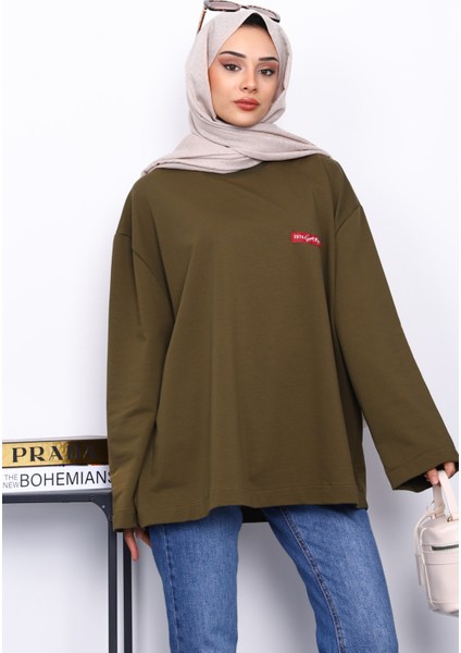 Haki Bisiklet Yaka Iki Iplik Oversize Sweatshirt
