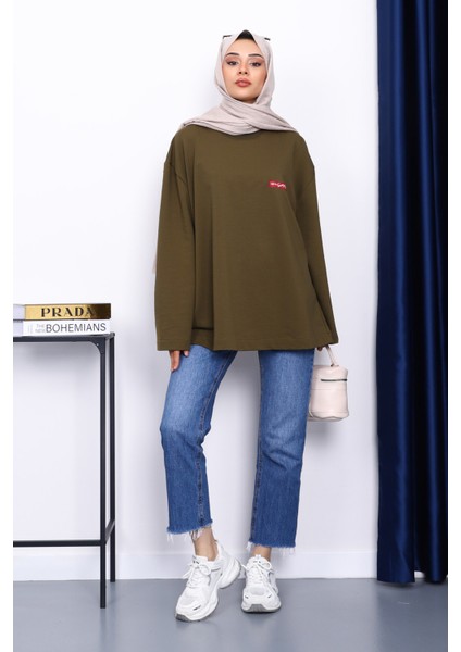 Haki Bisiklet Yaka Iki Iplik Oversize Sweatshirt fiyatları