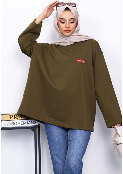 Haki Bisiklet Yaka Iki Iplik Oversize Sweatshirt modelleri