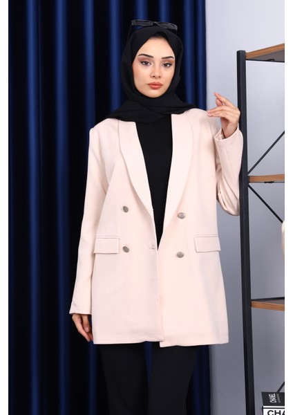 Bej Düğmeli Kruvaze Yaka Krep Ceket modelleri