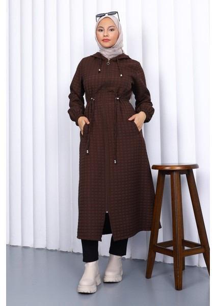 Kahverengi Kapşonlu Büyük Beden Kapitone Uzun Kaban