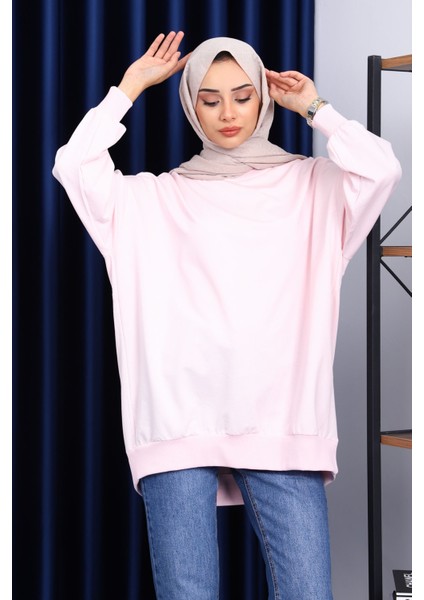 Toz Pembe Önü Kısa Arkası Uzun Oversize Sweatshirt