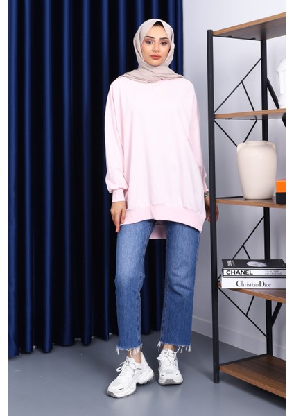 Toz Pembe Önü Kısa Arkası Uzun Oversize Sweatshirt fiyatları