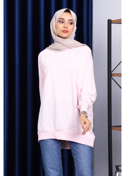 Toz Pembe Önü Kısa Arkası Uzun Oversize Sweatshirt modelleri