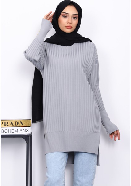 Gri Önü Kısa Arkası Uzun Triko Tunik