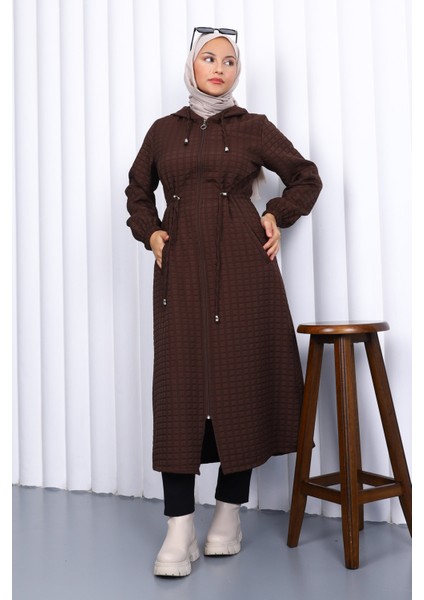 Kahverengi Kapşonlu Büyük Beden Kapitone Uzun Kaban fiyatları