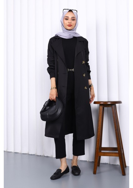 Siyah Kruvaze Yaka Düğmeli Trençkot