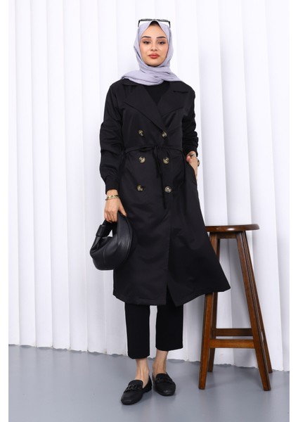 Siyah Kruvaze Yaka Düğmeli Trençkot fiyatları