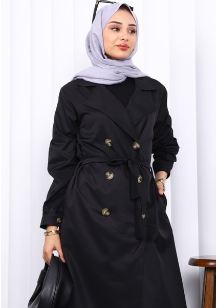 Siyah Kruvaze Yaka Düğmeli Trençkot modelleri