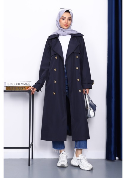 Lacivert Kravuze Yaka Kuşaklı Trençkot