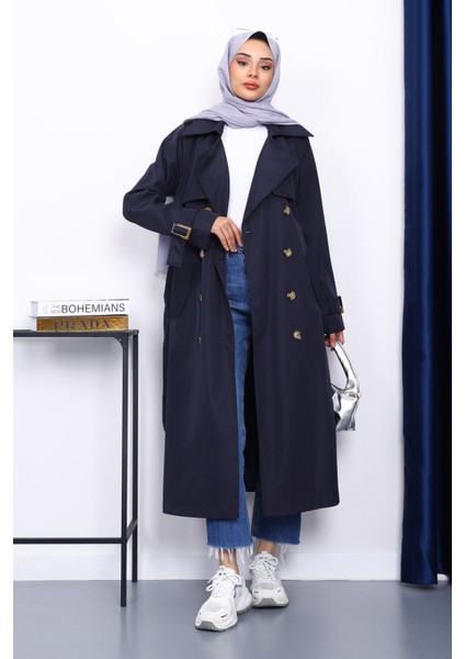 Lacivert Kravuze Yaka Kuşaklı Trençkot fiyatları