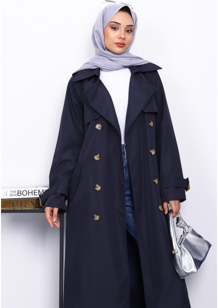 Lacivert Kravuze Yaka Kuşaklı Trençkot modelleri