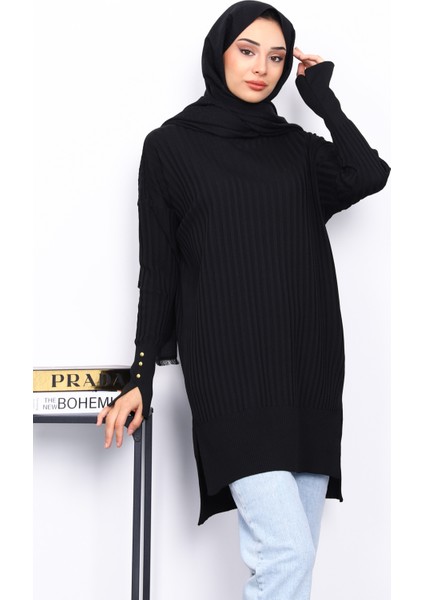 Siyah Önü Kısa Arkası Uzun Triko Tunik
