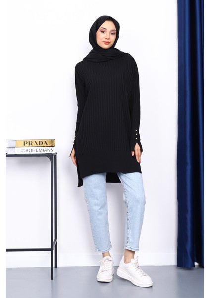 Siyah Önü Kısa Arkası Uzun Triko Tunik fiyatları