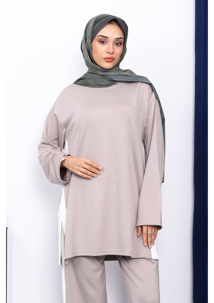 Açık Vizon Renk Bloklu Modal Tunik Pantolonlu Takım modelleri