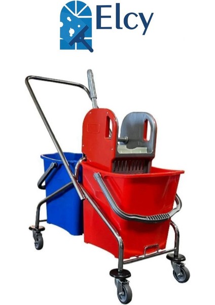 Çift Kovalı Krom Temizlik Arabası Paspas Arabası ( Plastik Presli )