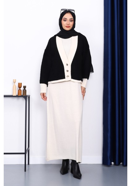 Siyah Düğmeli Triko Elbise Hırka İkili Kombin Takım