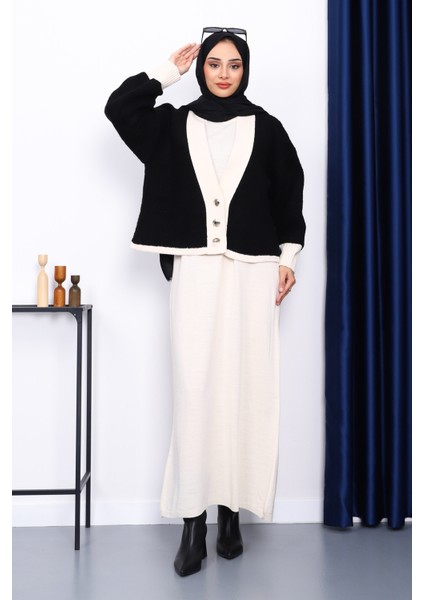 Siyah Düğmeli Triko Elbise Hırka İkili Kombin Takım fiyatları