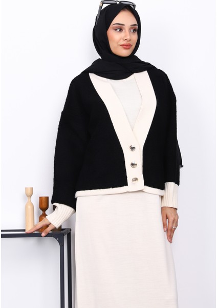 Siyah Düğmeli Triko Elbise Hırka İkili Kombin Takım modelleri