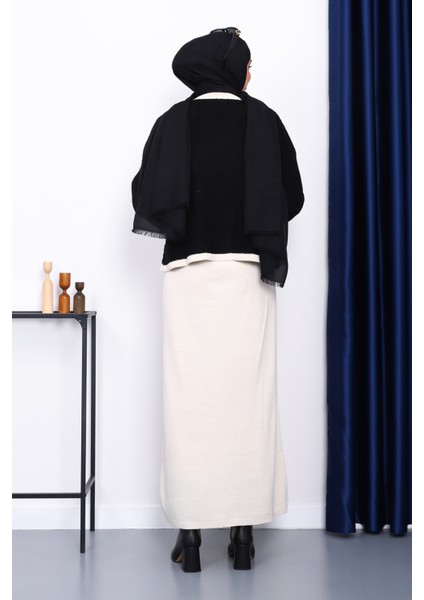 Siyah Düğmeli Triko Elbise Hırka İkili Kombin Takım fırsatları