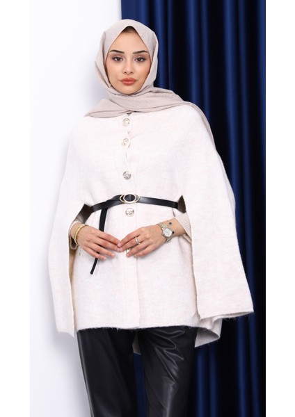 Krem Kemerli Şordonlu Triko Panço