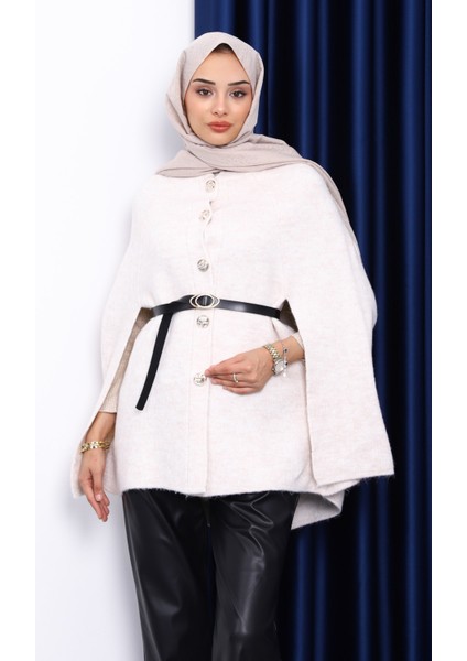 Krem Kemerli Şordonlu Triko Panço modelleri