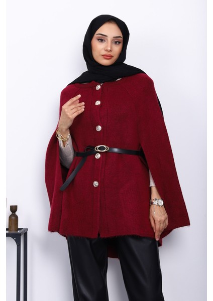 Bordo Kemerli Şordonlu Triko Panço
