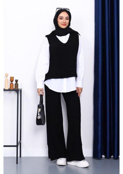 Siyah Gömlekli Üçlü Triko Takım