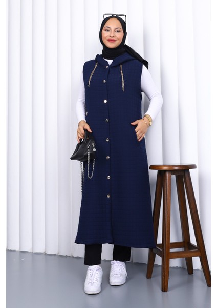 Lacivert Kapüşonlu Kapitone Uzun Yelek fiyatları