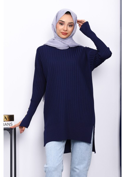 Lacivert Önü Kısa Arkası Uzun Triko Tunik
