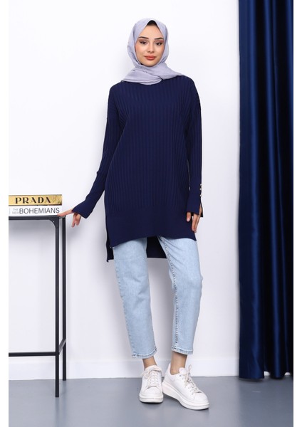 Lacivert Önü Kısa Arkası Uzun Triko Tunik fiyatları