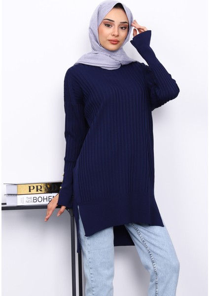 Lacivert Önü Kısa Arkası Uzun Triko Tunik modelleri