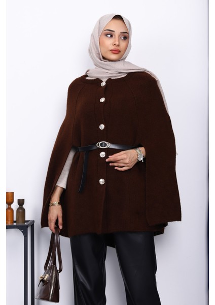 Kahverengi Kemerli Şordonlu Triko Panço