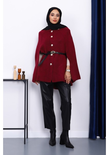 Bordo Kemerli Şordonlu Triko Panço fiyatları