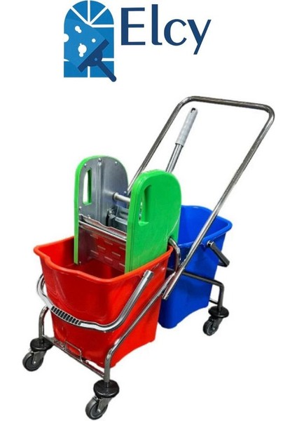 Çift Kovalı Temizlik Arabası Krom Gövdeli Çelik Pressli Paspas Arabası Seti