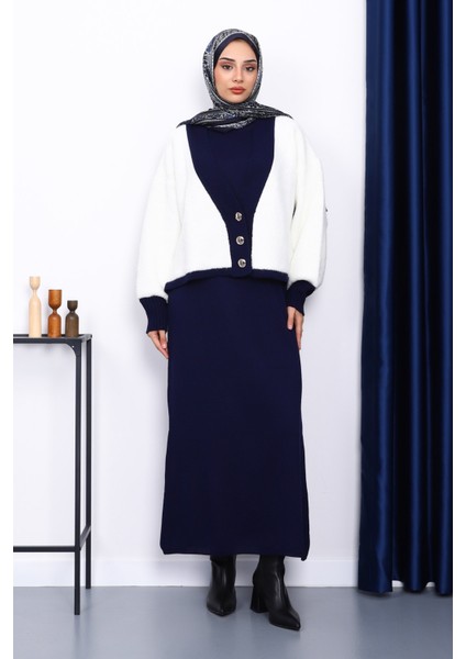 Lacivert Düğmeli Triko Elbise Hırka İkili Kombin Takım