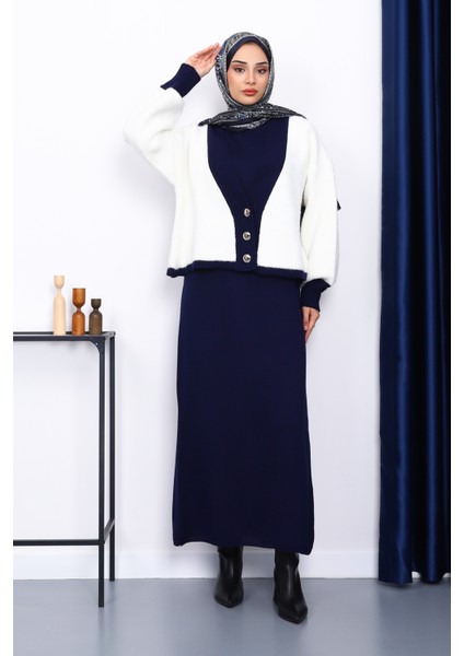 Lacivert Düğmeli Triko Elbise Hırka İkili Kombin Takım fiyatları