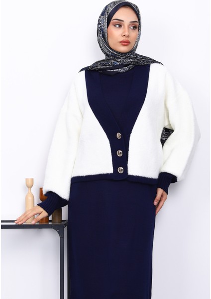 Lacivert Düğmeli Triko Elbise Hırka İkili Kombin Takım modelleri