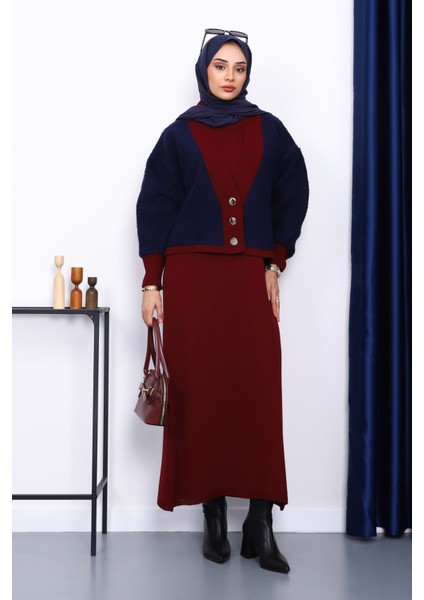 Bordo Düğmeli Triko Elbise Hırka İkili Kombin Takım