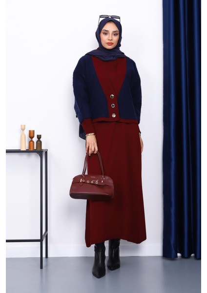 Bordo Düğmeli Triko Elbise Hırka İkili Kombin Takım fiyatları