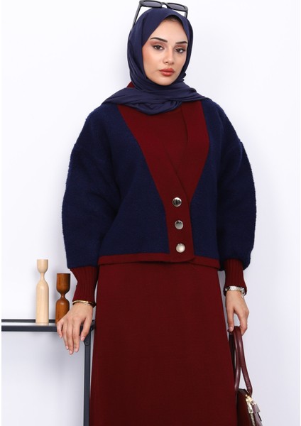 Bordo Düğmeli Triko Elbise Hırka İkili Kombin Takım modelleri