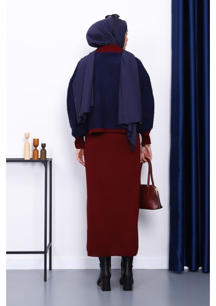 Bordo Düğmeli Triko Elbise Hırka İkili Kombin Takım fırsatları