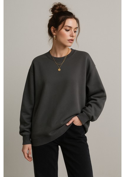 Kadın Füme Bisiklet Yaka Oversize Sweatshirt