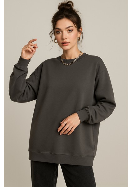 Kadın Füme Bisiklet Yaka Oversize Sweatshirt modelleri
