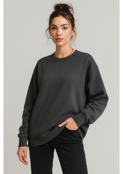 Kadın Füme Bisiklet Yaka Oversize Sweatshirt fırsatları
