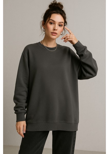 Kadın Füme Bisiklet Yaka Oversize Sweatshirt indirimleri