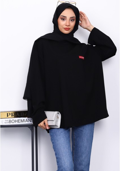 Siyah Bisiklet Yaka Iki Iplik Oversize Sweatshirt
